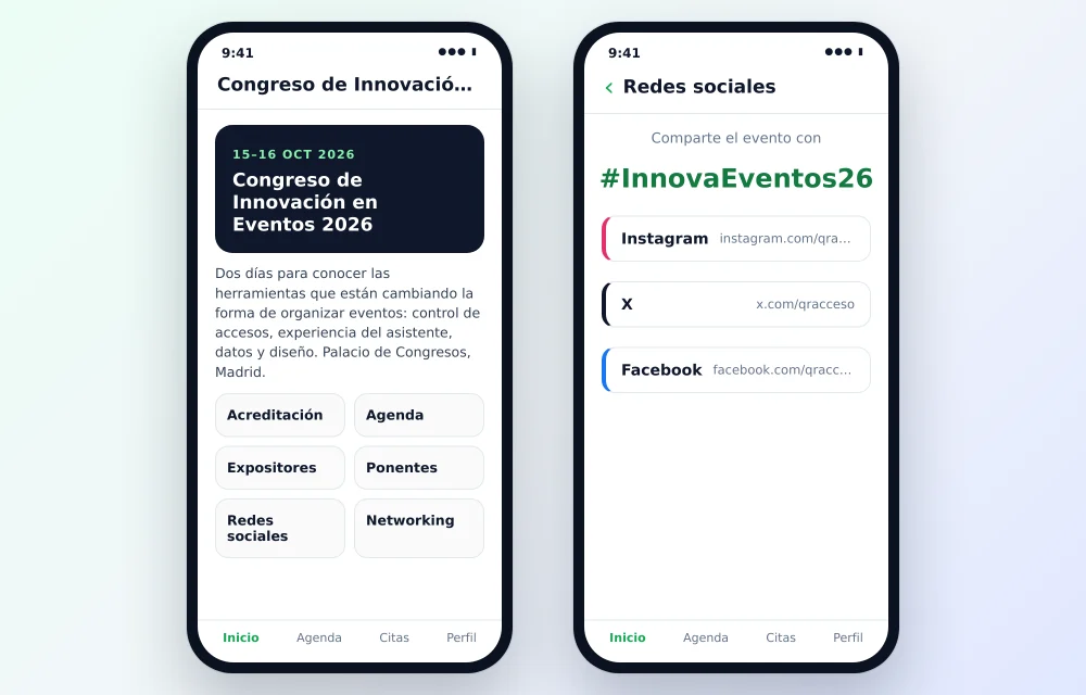 Información del evento y redes sociales con hashtag