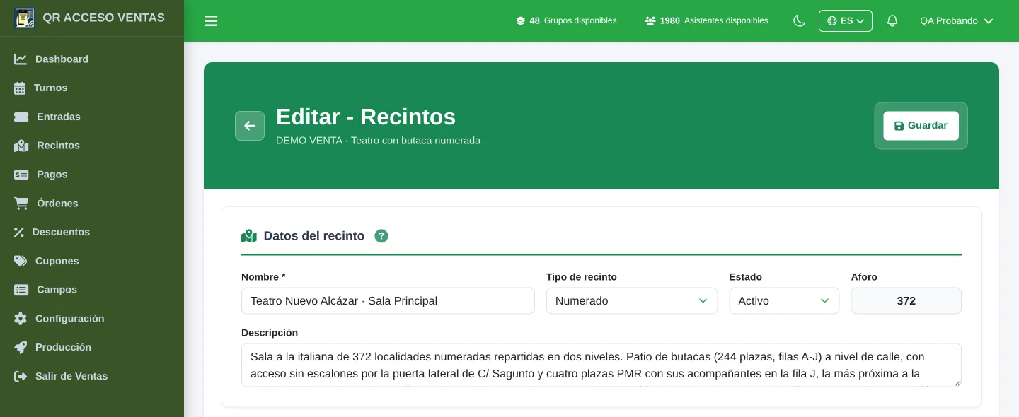 Editor de recinto de QRACCESO: zonas, tipo numerado o de pie, aforo, color por zona y generación de filas y asientos