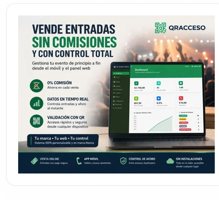 Panel de ventas de QRACCESO con ingresos, tickets y pedidos del evento
