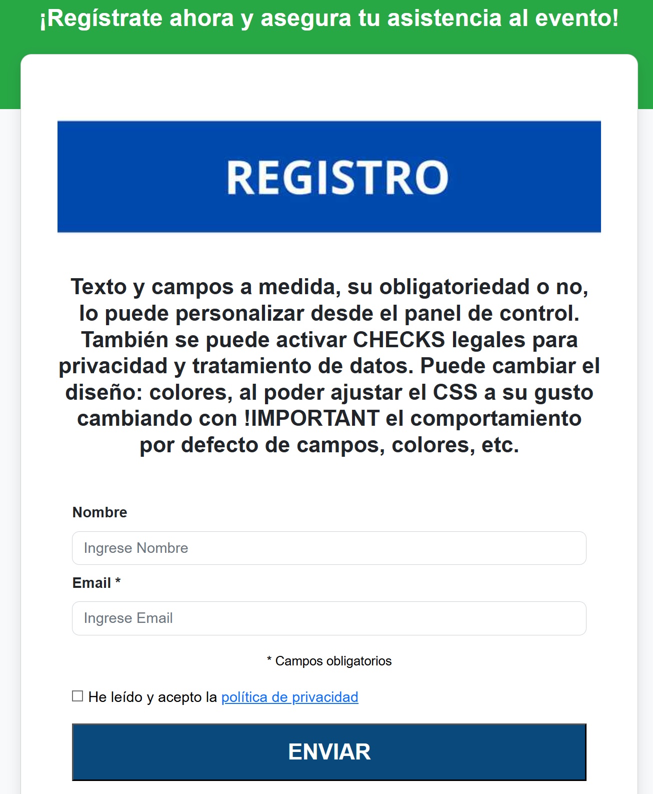 Test de registro gratis en un evento ficticio, para que peudas vañlidar y decidir si aplicarlo en tu evento real tras probarlo