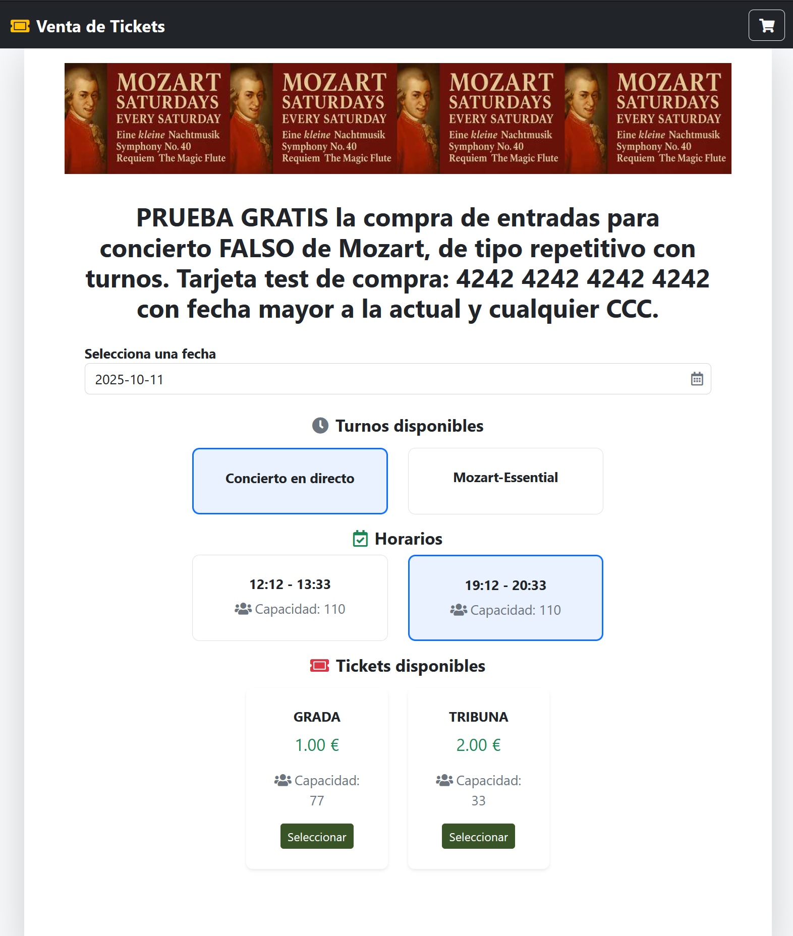 Venta de entradas de conciertos de MOZART repetitivos en el Castillo de Camelot; el ejemplo podría en en la ADLÁNTIDA, en el NAUTILUS o en tu lugar ficticio favorito, para decidir si aplicarlo en tu evento real tras probarlo
